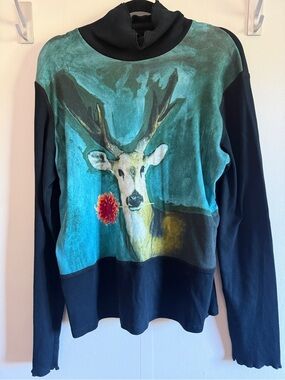 Marc Cain Deer Print Turtleneck Top N6 XL Black Cotton Art Graphic Germany